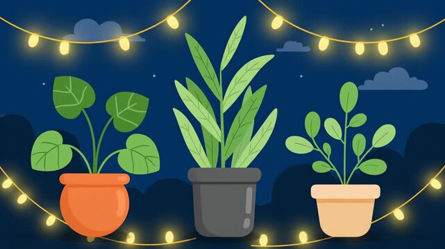 Three potted plants illuminated by string lights at night.