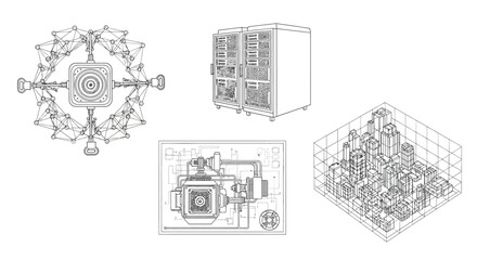 Naklejka premium Detailed architectural schematics and engineering blueprints of complex structures and machinery vector
