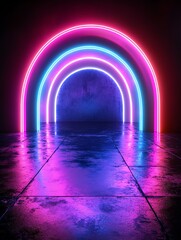 Neon rainbow forms on pitchblack background, abstract 3D conceptual image, 80s retro vibes, minimal fashion stage setup, futuristic lighting