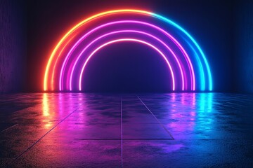 Neon rainbow forms on pitchblack background, abstract 3D conceptual image, 80s retro vibes, minimal fashion stage setup, futuristic lighting