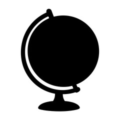 Solid black globe illustration on stand with curved meridian ring design