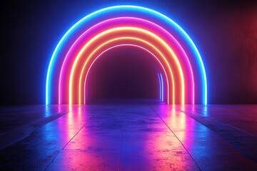 Neon rainbow forms on pitchblack background, abstract 3D conceptual image, 80s retro vibes, minimal fashion stage setup, futuristic lighting