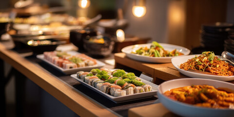 Obraz premium Cozy buffet sushi roll noodle salad illuminated serving warm atmosphere inviting guests