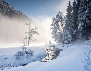 A snowy landscape features a stream, frosted trees, and fog-covered mountains under a bright sun