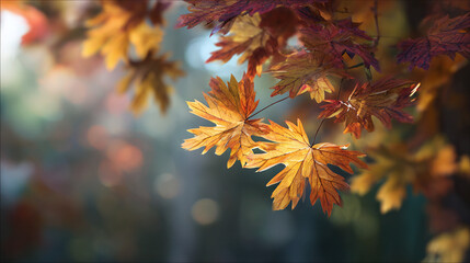 A close-up shot of vibrant maple leaves showcasing autumn hues. The leaves are in various shades of yellow, orange, and red. They are illuminated by sunlight, creating a warm, inviting feel