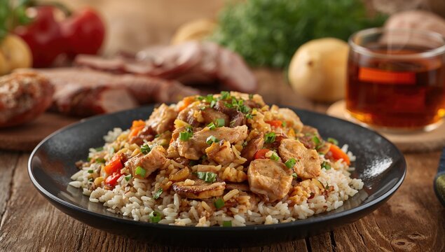 Chicken and rice pilaf with onions and carrots prepared with vegetable oil