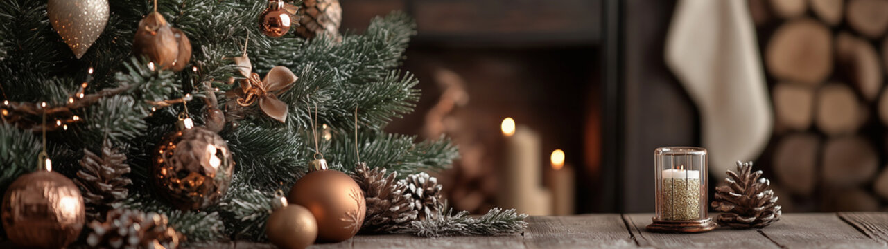Vintage Christmas tree decorations, copper, patina, wooden objects in the home interior, Christmas and New Year theme