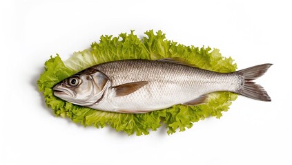Fototapeta premium Fresh seabass fish served on a bed of lettuce, a protein-rich meal option