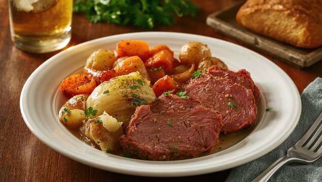 Corned beef and cabbage meal accompanied by vegetables, fiber-dense choice