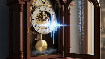 Close-up of antique grandfather clock with digital waveform projection and binary code