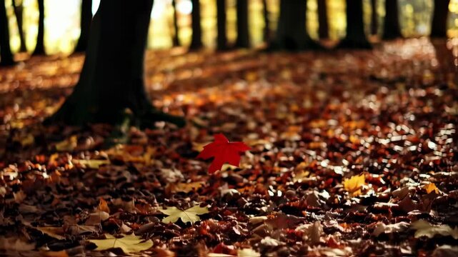 A vibrant red leaf floats mid-air in a sunlit autumnal forest, with trees and fallen leaves