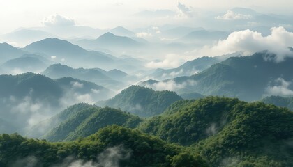 Naklejka premium Misty Mountain Vista A Breathtaking Panorama of Rolling Hills, Lush Greenery, and Ethereal Clouds Creating a Serene and Peaceful Landscape