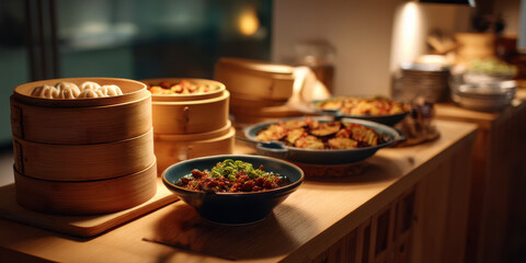 Steamed bun bamboo steamer dim sum buffet wooden counter asian cuisine night cozy catering bowl
