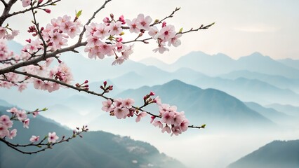 Cherry blossom branch with mountain background