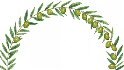 Olive arc pattern with hand-drawn circular frame, features vintage botanical artwork highlighting textured leaves and green fruit, organic food oil, medicinal harvest