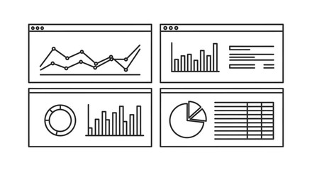 Four distinct business dashboards displaying financial charts graphs and data tables vector
