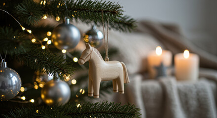 Wooden horse ornament hanging on evergreen christmas tree with silver baubles and blurred candlelight in cozy winter interior