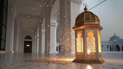 Ramadan lantern glowing in mosque courtyard