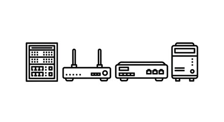Modern network hardware devices including server router modem and computer tower icons vector