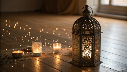 Decorative lantern and candles on wooden floor
