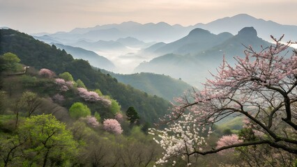 Spring cherry blossoms in mountain landscape