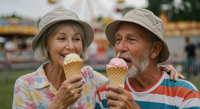 Smiling elderly couple enjoying ice cream cones together outdoors at an amusement park on a warm summer day