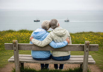 Elderly couple embracing on wooden bench overlooking calm sea and fishing boats surrounded by green grass and yellow wildflowers