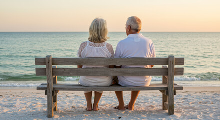 Elderly couple sitting on a wooden bench at the beach during sunset, enjoying peaceful ocean waves and tranquil companionship
