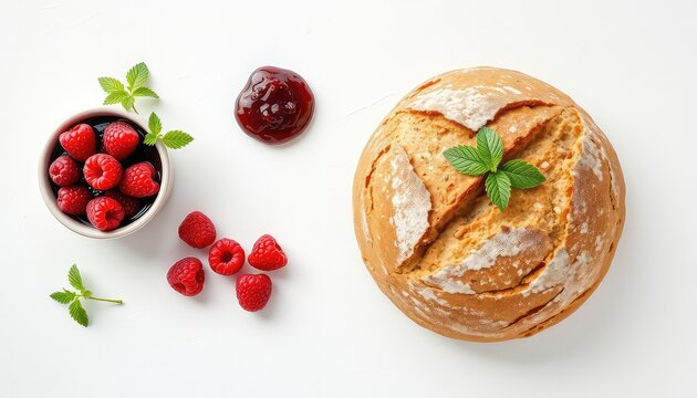 Artisan Bread, Fresh Raspberries, and Homemade Jam on a White Surface Offer a Tempting and Delicious Culinary Presentation