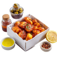  patatas bravas, original Spanish food, served in a beautiful serving box along with several other ingredients [Transparent Background PNG].