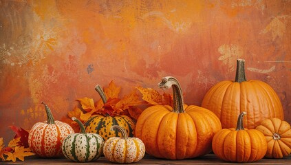 Still life featuring pumpkins and gourds set against a vibrant backdrop, suitable for text overlay