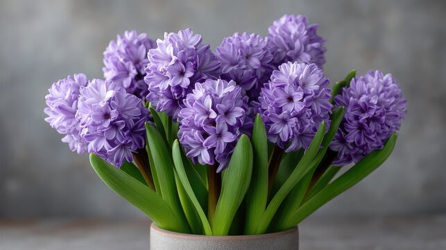 Close Up Studio Photo Of Delicate Purple Hyacinth Blossoms With Green Stems And Leaves Against A Textured Gray Background With Soft Lighting
