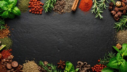 Black stone background with herbs and spices arranged in a frame. Overhead shot with empty space in the center