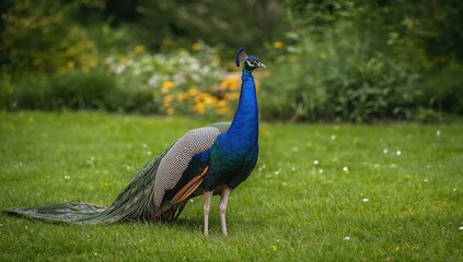Obraz premium Elegant peacock perched in the yard gazing at the camera, showcasing its vibrant plumage
