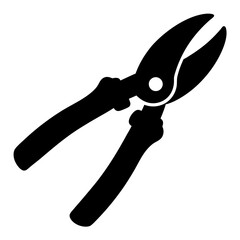 A simple black and white silhouette of pruning shears with open blades