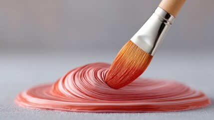 Close up studio shot of a paintbrush with red paint swirling on a white surface with soft grey background and natural lighting