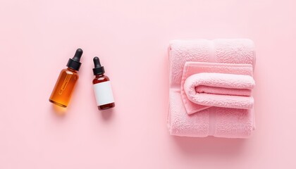Aromatic Skin Care Oil in Glass Bottles Next to Stacked Plush Pink Towels on a Light Pink Surface
