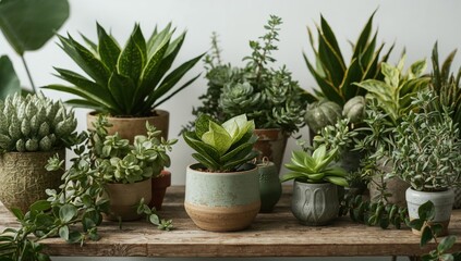 Fototapeta premium Assorted plants arranged in different pots on a table, enhancing indoor greenery, Earth Day