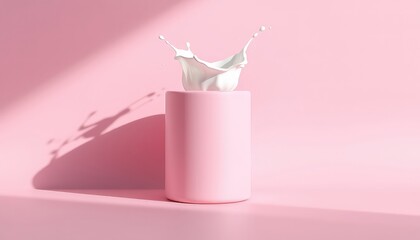 Minimalist presentation of a cylinder with a splash on top, perfect for showcasing a product or design concept on a delicate pink backdrop