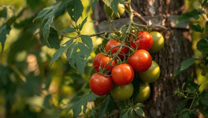 Fototapeta premium Vine with ripening small red tomatoes