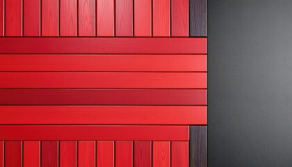 Contemporary wall design featuring a blend of textured grey surface meeting a vibrant arrangement of red and related color wooden planks