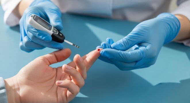 Gloved hands using a glucometer on a caucasian person against a white background. Banner template for diabetes awareness month, blood sugar control and health care. - Powered by Adobe