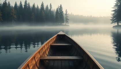 Calm Waters A serene canoe voyage on a misty lake surrounded by lush, evergreen trees in the tranquil wilderness