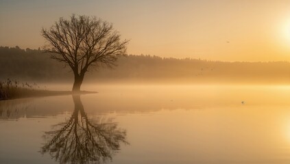 Fototapeta premium Solitary tree by a quiet river at early morning with fog lifting and birds soaring overhead reflected in tranquil water in a mist-covered woodland scene
