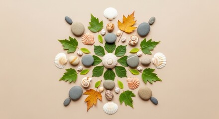 Nature Art Composition: Seashells, Leaves, and Stones Arranged in Circular Pattern, Natural Elements, Creative Layout, Top View