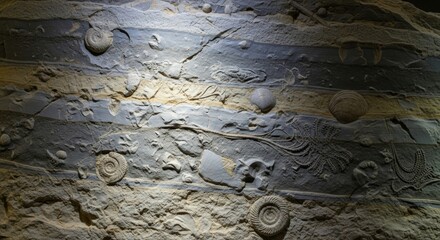 Fossil Wall Texture: Ancient Rock Strata, Paleontology, Geological Formation, Sedimentary Layers, Natural History, Stone Surface, Time