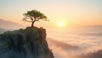 Solitary tree stands atop a cliff overlooking a sea of clouds with a glowing sun in the serene morning light