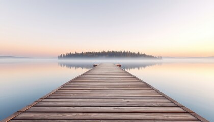 Wooden dock stretching into calm lake water towards a small forested island at a tranquil misty dawn