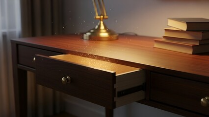 Wooden desk with open drawer illuminated with golden light, books, and desk lamp