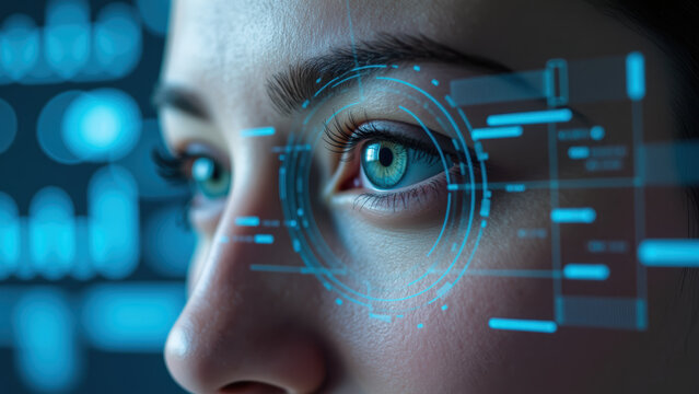 Digital eye technology futuristic interface close up human eye biometric scanning data visualization technology concept high tech - Powered by Adobe